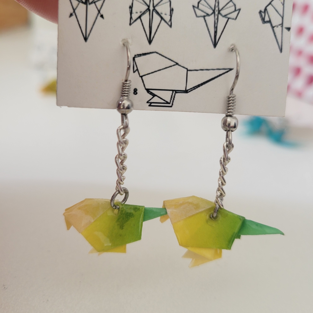 Handmade Green & Yellow Origami Bird Dangle Earrings